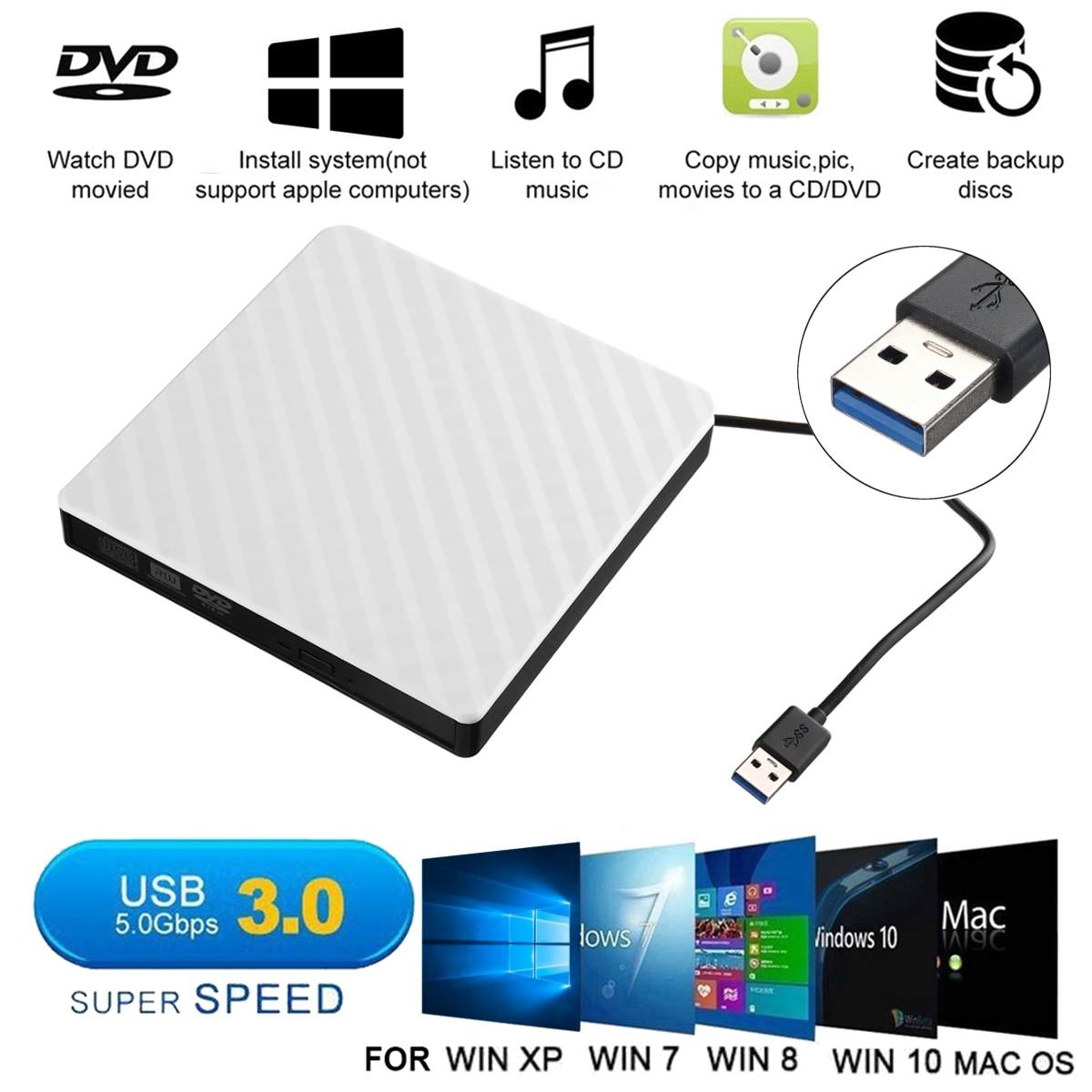 Leory Stijl Wit Externe USB3.0 Dvd Rw Cd Writer Slim Drive Brander Reader Speler Lade Type Voor Pc Laptop
