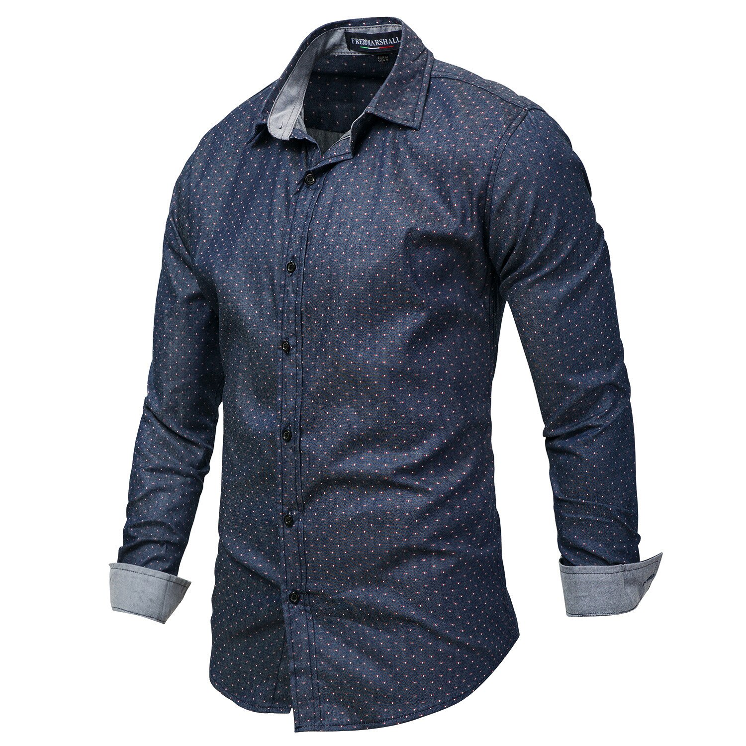 large size men's denim long sleeve shirt polka dot shirt