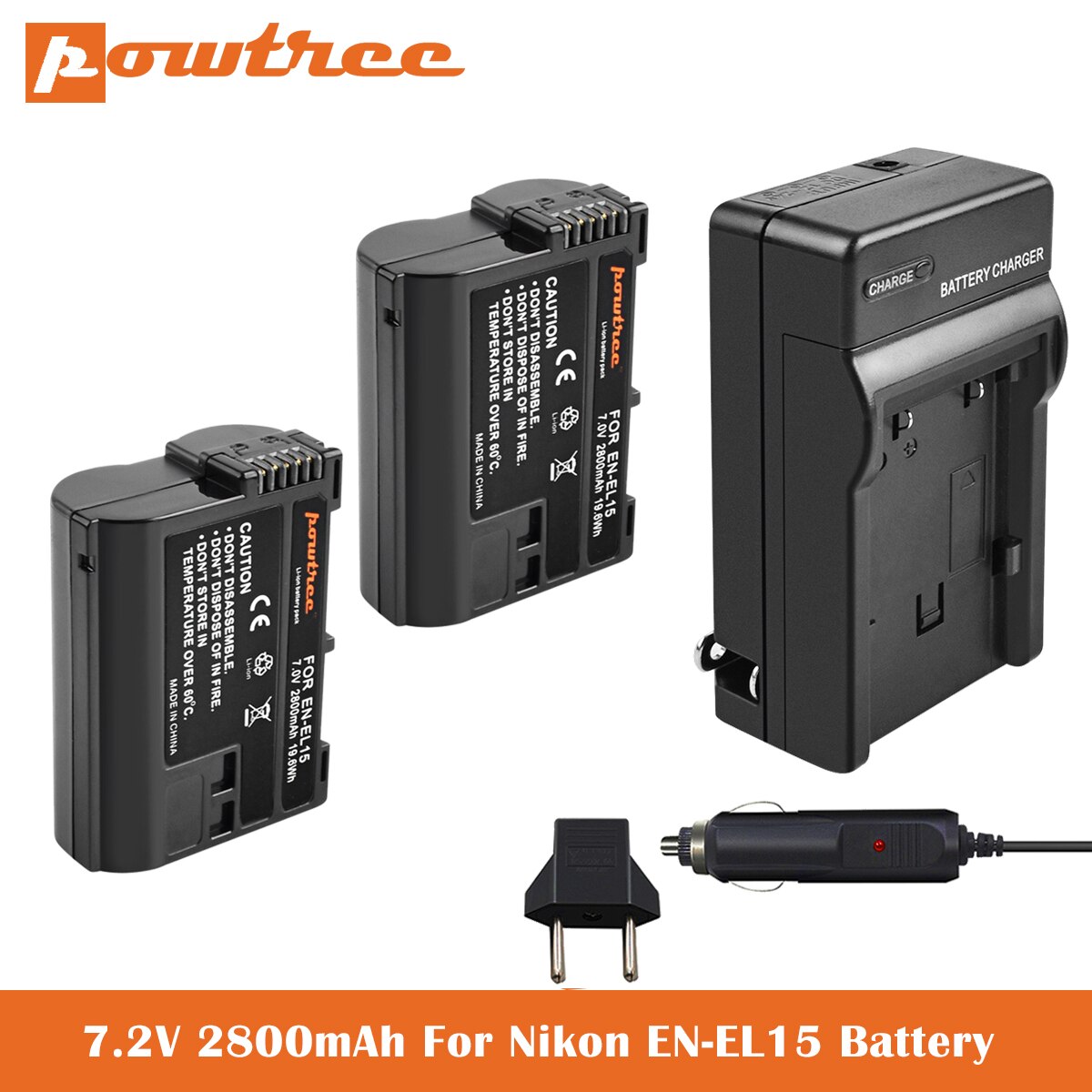2800mAh EN-EL15 Batterie + Chargeur Pour Nikon D850 D7500 D7000 D7100 D7200 D800 D800E D810 D810A D750 D600 D610 Appareil Photo REFLEX Numérique: 2X Battery-Charger