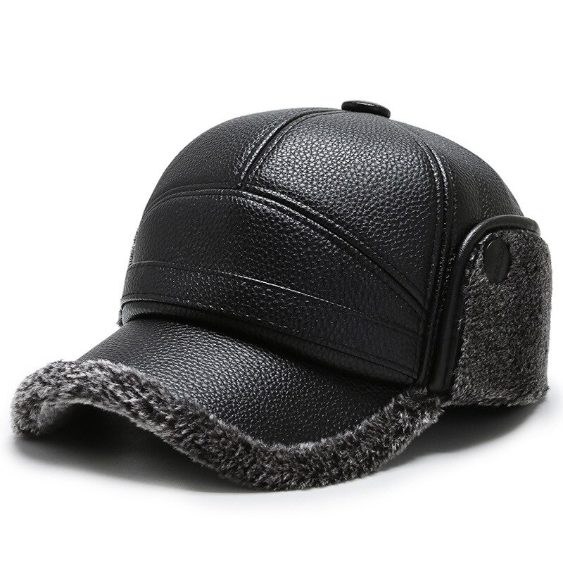 [northwood] sort pu læder vinter hatte snapback øreklap baseball kasket til mænd udendørs plus fløjl fortykning herre kasketter: Sort b