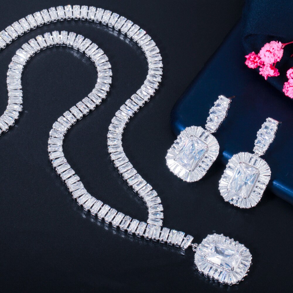 Pera Royal Blue Zirconia Big Dangle Plein Bridal Bruiloft Kostuum Ketting Oorbellen Sieraden Sets Voor Vrouwen J412
