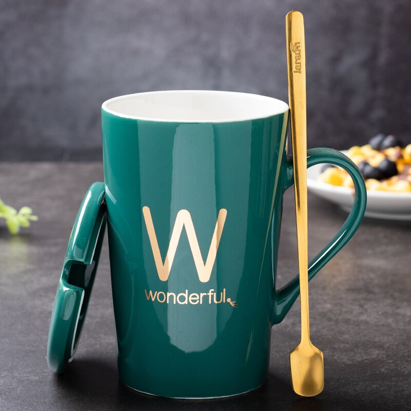 couple ceramic mug with lid spoon trend men and women household drinking cup personality milk coffee tea cup cup: K