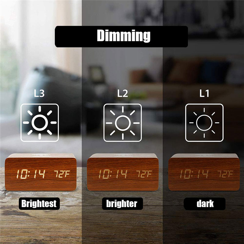 Wooden Digital Clock Sound Control Electronic Alarm Clock Led Mobile Phone Wireless Charging Wooden Clock