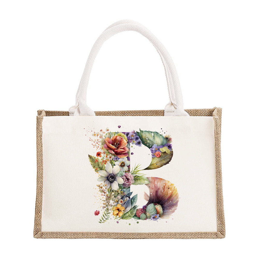 Sac à bandoulière en lin de grande capacité, sac de Shopping pour femmes, motif imprimé de lettres florales, sac d'imitation de Jute: CORAL