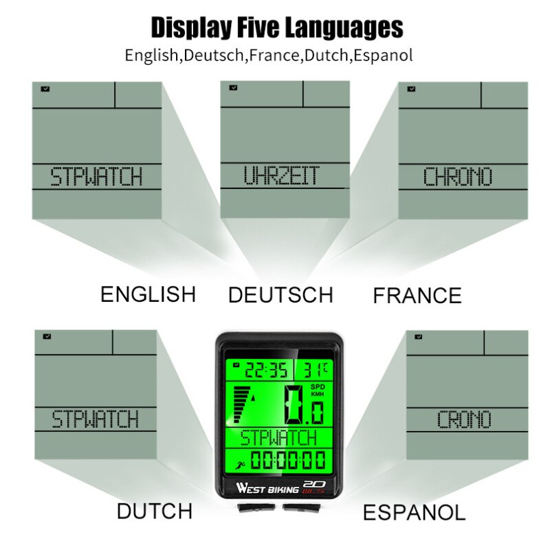 Bicycle Computer Large Screen 5 Language Wireless Wired Mountain Bike Computer Waterproof Speedometer Odometer Cycling Stopwatch