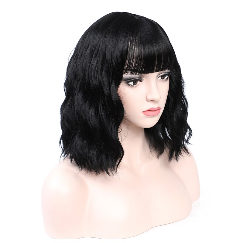 Perucas de cabelo curto ondulado sintético da onda de água com franja fibra resistente ao calor cosplay peruca de cabelo diário preto vermelho azul claro