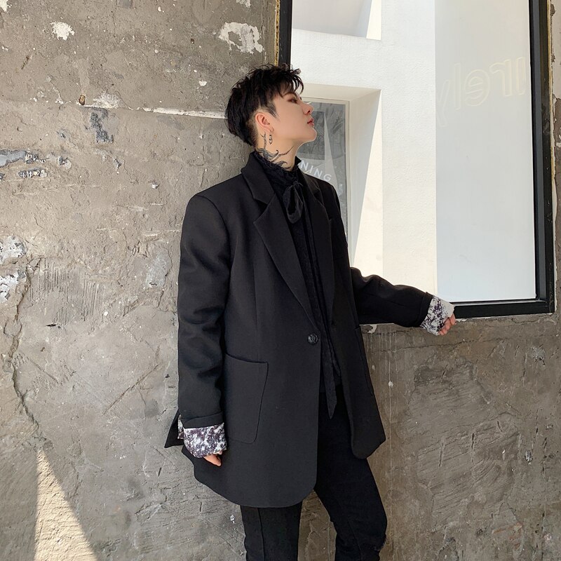 Menn blazer jakke årgang skrive ut fôr løs uformelt kjole kåpe mann streetwear elegant stil hofte hopp kjole frakk yttertøy