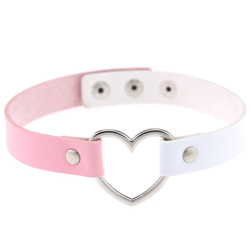 1PC Multi-Color Harajuku Punk Lady Gothic Leather Choker Heart Chain Spike Rivet Buckle Collar Necklace: white pink