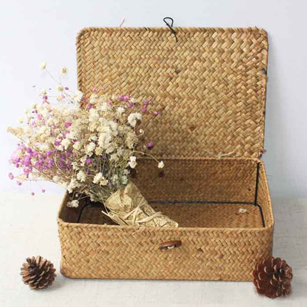 Bamboo Woven Storage Basket With Lid With Lock Storage Clothes Sundries Toy Storage Box Organizer Wicker Material