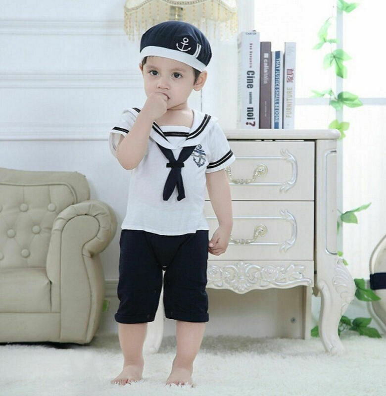 12-18Monate Kleinkind Baby Kleidung einstellen Seemann Kragen Baby Mädchen Strampler Kurzarm Einem Stück Overall Für Jungen Kleidung Hüte einstellen