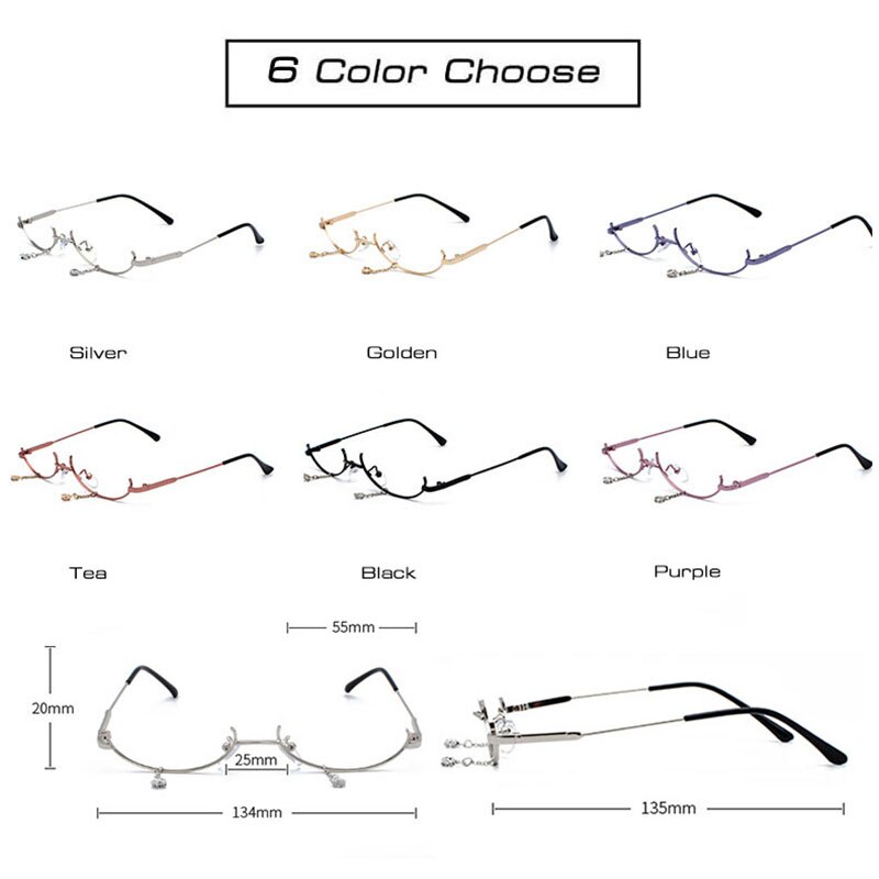 SO&amp;EI Ins Popular Vintage Lower Half Frame No Lens Women Glasses Frame Water Pendant Chain Decorative Glasses Empty Frame