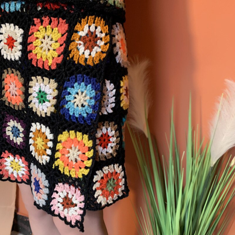 Handmade Crochet Bohemian Tops and Skirt Two-Pieces Suit Mini Dress Vintage Women Beach Cover up Chic Skirt A532: Skirt