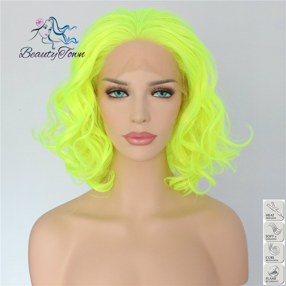 Neon Yellow Color 13x2.5 High Heat Resistant Hair handmade cosplay party Drag Queen Synthetic Lace front wig for Women: YELLOW