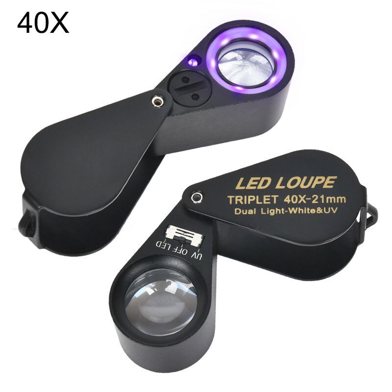 10X 20X 30X 40X Metalen Led Vouw Handheld Vergrootglas Loupe Reparatie Vergrootglas Antieke Edelsteen Jade Diamant Ring Waardering: 40X-Black