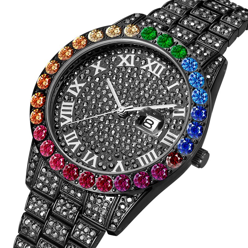 Reloj de oro arcoíris diamante para hombre, de lujo, oro de 18K, hecho a mano, de cuarzo y cristal de hielo: F1