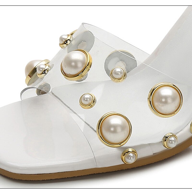 Slippers met doorzichtige hakken, sandalen voor dames, zomerschoenen voor dames, parelmoer, transparante schoenen met hoge hakken, bruidssandalen voor dames