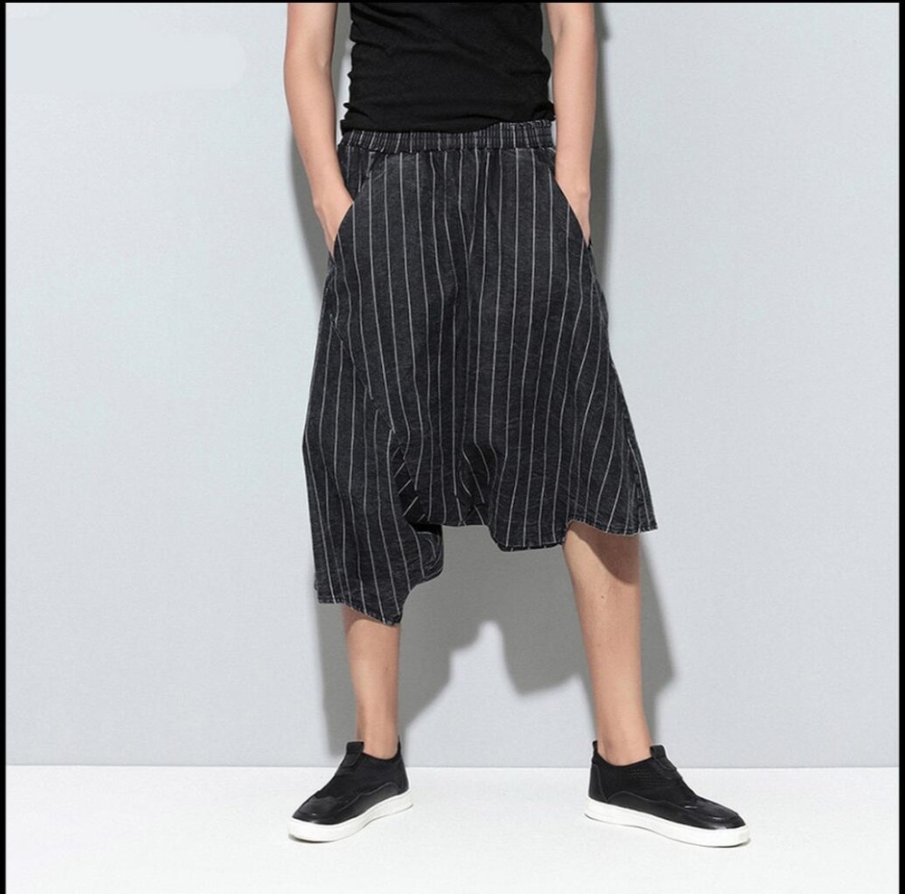 Korean Striped Culottes Cross-pants Casual Pants Men Tide Calf Length Hanging Crotch Harem Pants Hairstylist Singer Costumes