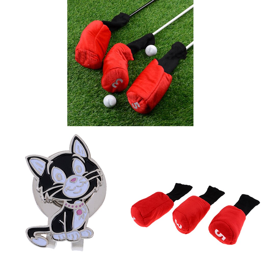 3 sztuk golf kierowca drewna pokrowiec na główkę długa szyja Headcover i piłka znacznik z magnetyczny klips na kapelusz