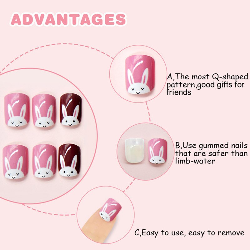 Boîte de faux-ongles courts à pression pour enfants, couverture complète, style différent avec un motif, 24 pièces/boîte, avec colle