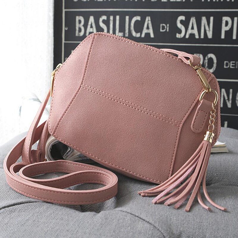 Bolso cruzado de nobuk con borla para mujer, Mini bolso de hombro femenino con solapa de cuero PU, Bolso Barato de mensajero sólido