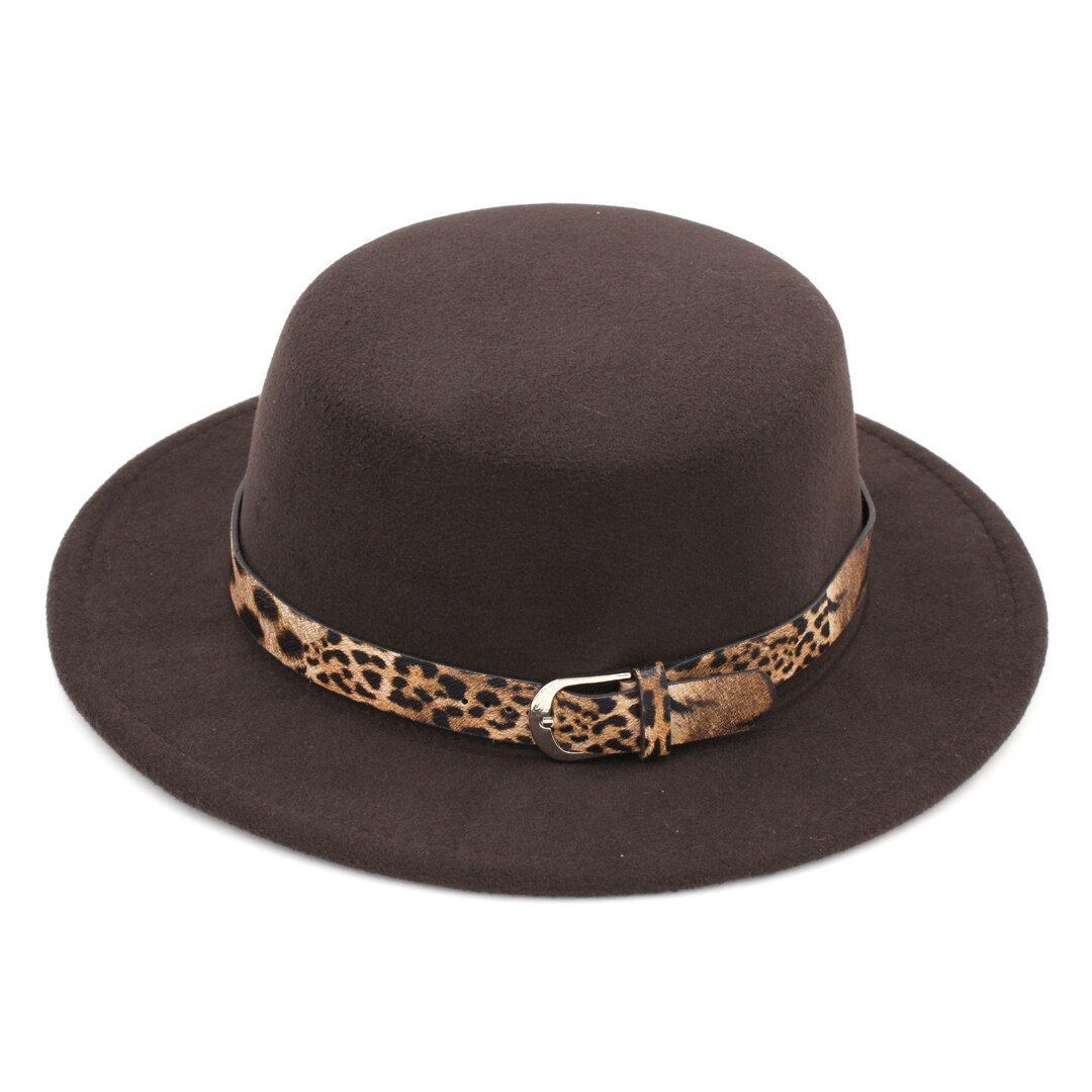 Mistdawn damer kvinder uld blanding sejlerhat sømand bred skygge flade top kasketter bowler hatte leopard læder bånd: Kaffe