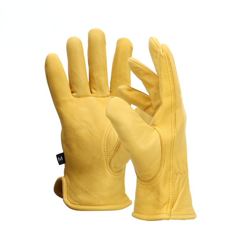 Leather Work Gloves Sheepskin Driving Gloves Men Motorcycle Gardening Safety Protective Fruit Picking Gloves: Yellow / XL