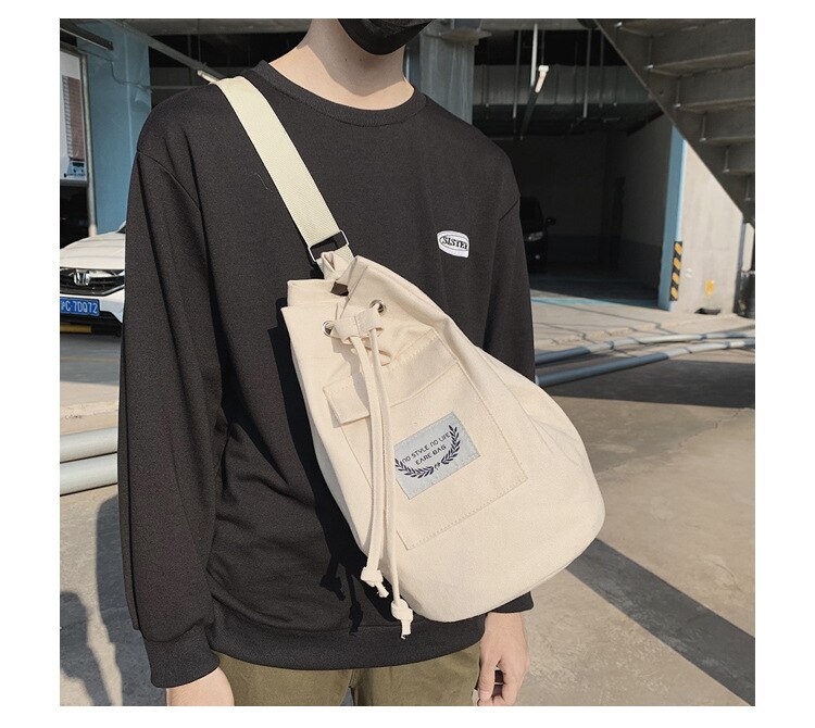 Unisex trekkoordtas heren canvas tas mobiele telefoon tas koreaanse crossbody tas voor dames dames schoudertas: Beige