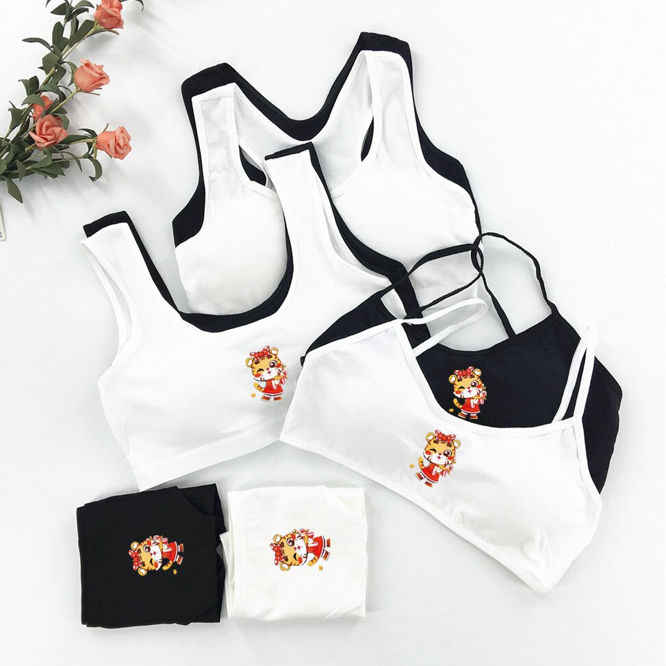 Cotton Girl Solid Color Bra Student Girl Puberty Bra + Panty Suit U-shaped Thin Belt Small Vest Wrap Chest 8-16Y