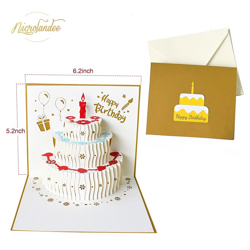 NICROLANDEE 3D Pop-Up Birthday/Greeting Cards Handmade Birthday Party Postcards Card with Envelopes for Your Loved Ones: Gold Cake