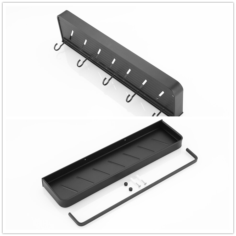 Badkamer Zwarte Plank Met Handdoek Bar Ruimte Aluminium Hoek Planken Handdoekenrek Met Haak Shampoo Houder Keuken Opbergrek