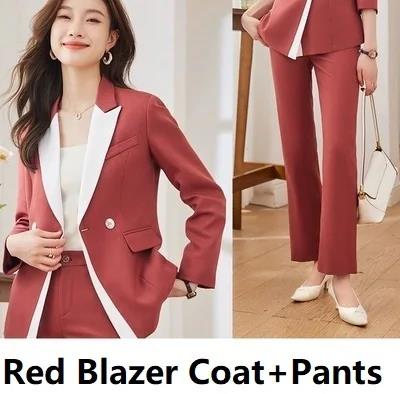 Conjunto de traje de Color de contraste rojo, amarillo y azul, de otoño 2023, nuevas chaquetas ajustadas de oficina para mujer, trajes con pantalones pitillo de cintura alta a la: S / Rojo