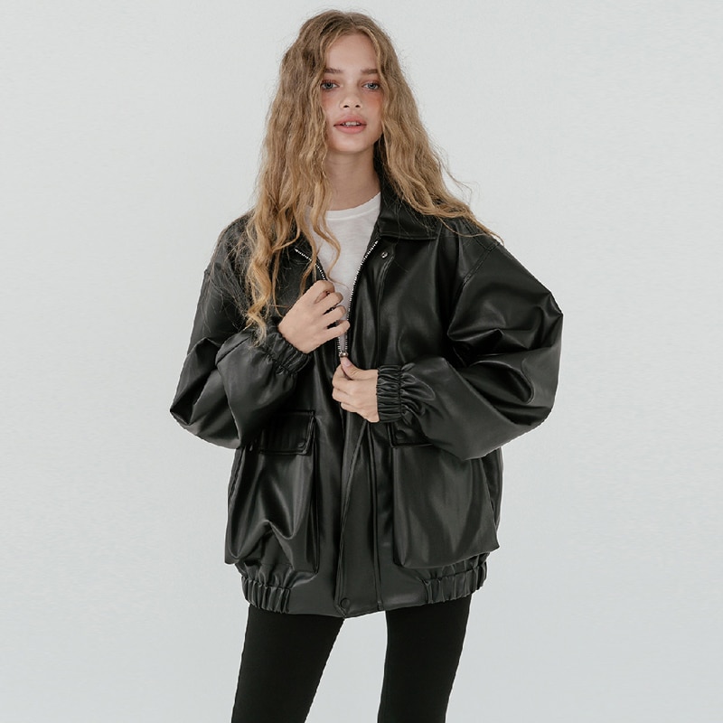 Lautaro veste en cuir surdimensionné femmes fermeture éclair manches longues col rabattu ample noir grande taille faux cuir vestes pour les femmes