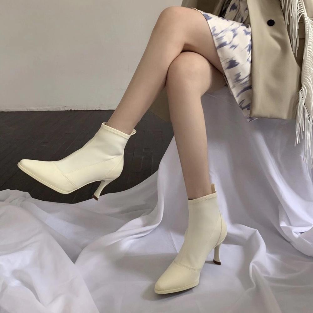 Spidse tå kvinder ankelstøvler sok støvletter dame rhinestone slip on tynde høje hæle pumps vinterstøvler