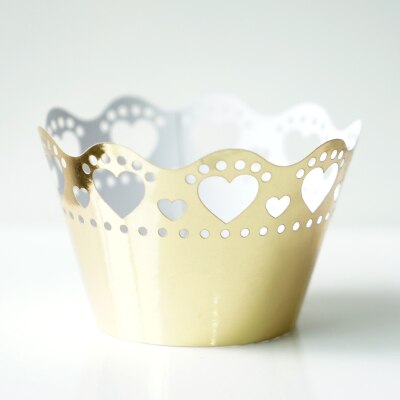 Bruiloft cupcake side 10 stks/pak hartvorm hol papier cupcake omliggende rand bakvormen cake tools wit/blauw/roze/zilver: Gold