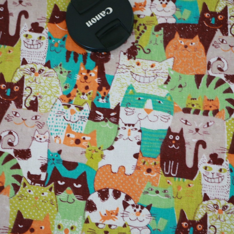 Tela de algodón y lino con estampado de gatos por metro para DIY, mantel de cortina para sofá para decoración del hogar, tela de algodón