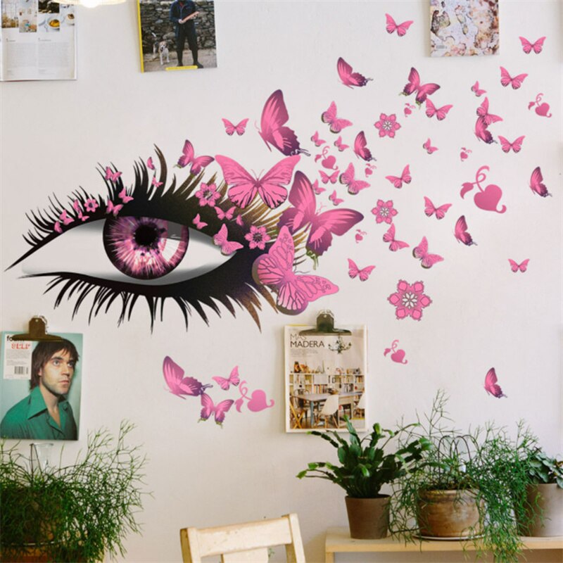 Mode Wimper Decals Art Muurstickers Mooie Levendige Eye Met Vinyl Vlinders Voor Home Woonkamer Slaapkamer Decoratie