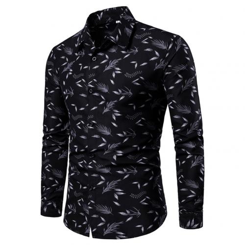 Camisa a la para hombre 4XL, cuello vuelto, informal, manga larga, estampado de hojas, botón, camisa delgada de talla grande, camisa de Negocios Sociales para hombre: Black / M