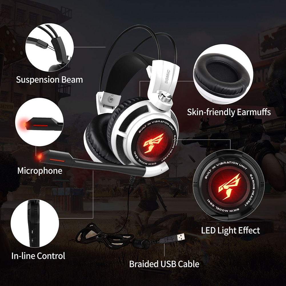 Somic G941 Gaming Headset Active Noise Cancelling 7.1 Virtual Surround Sound USB Gaming Headset with Mic Vibrating for PC Laptop