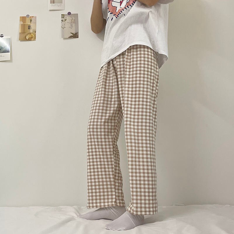 Pantalones de dormir a cuadros para mujer, ropa de dormir de estilo coreano, prendas de vestir holgadas y transpirables, para el día a día