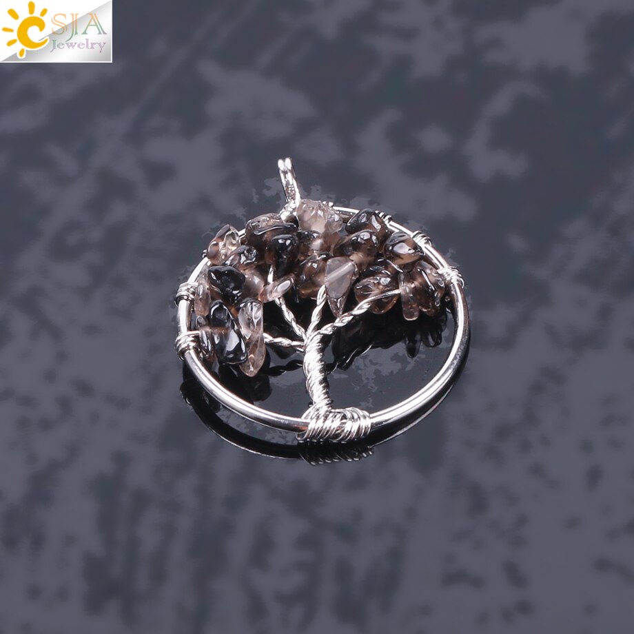 CSJA Tree of Life Necklace &amp; Pendant Silver Color Crystal Natural Gem Stone Chip Beads 7 Chakra Wire Wrapped Women Jewelry F141: Smoky Quartz