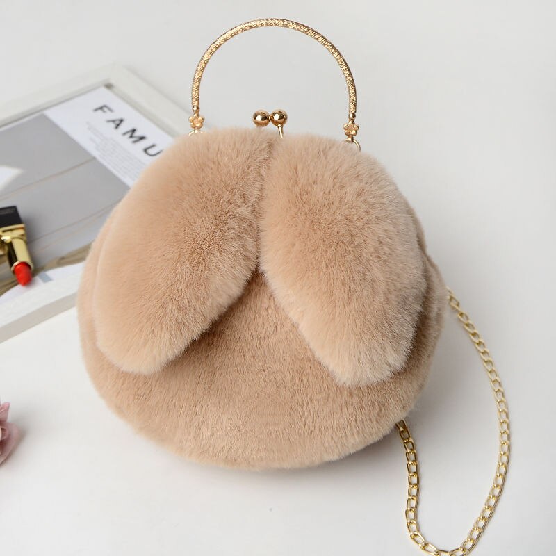 Faux Fur Rabbit Ears Plush Kawaii Round Bag Shoulder Crossbody Bags Women Chain Messenger bag Ladies Solid Furry Handbag: Light Brown