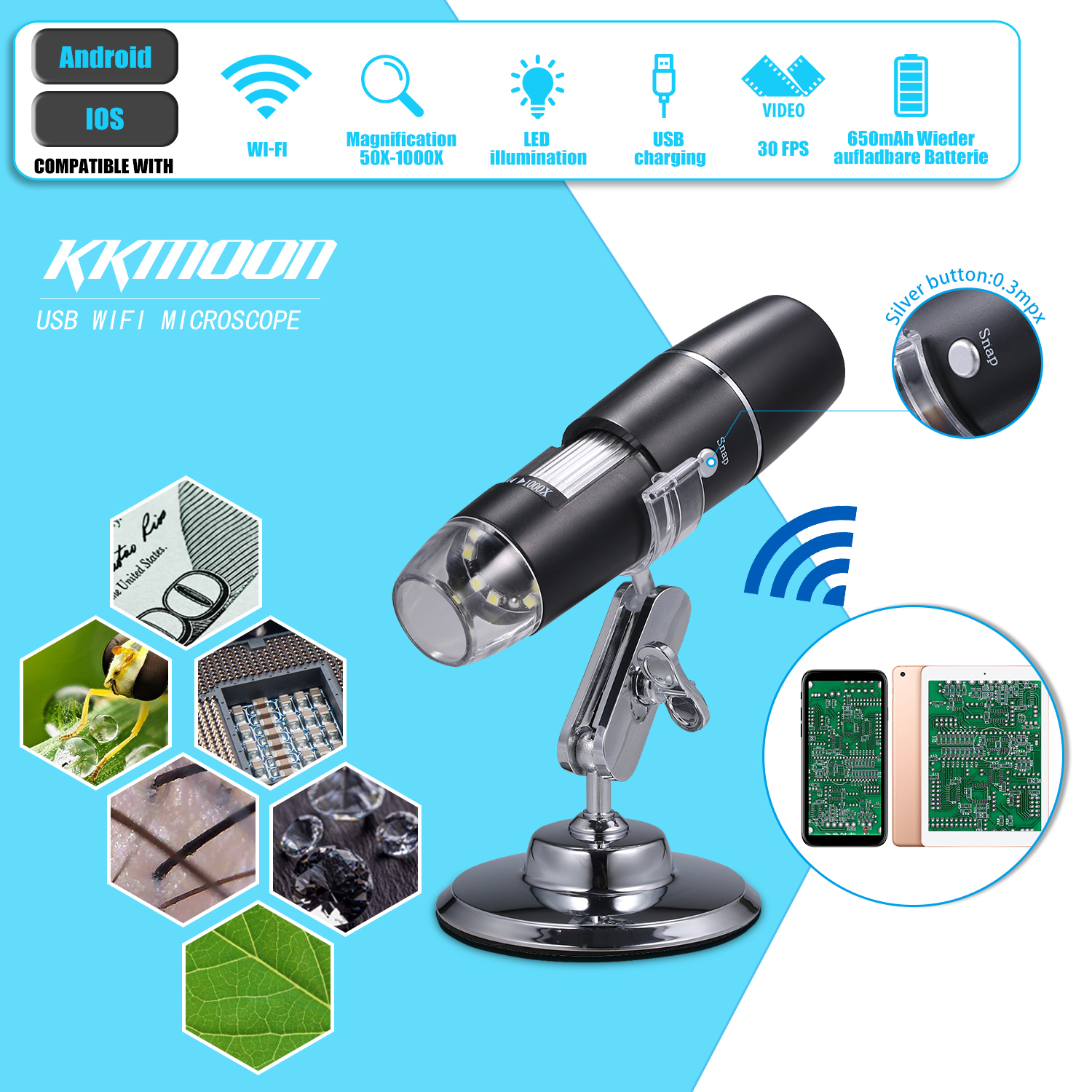 KKmoon Electron Digital Microscope Portable WiFi Wirelessly 1000x High Definition Magnifying Glass Educational for Children