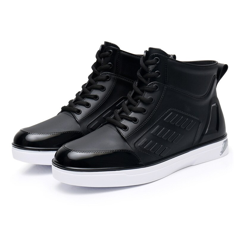 Men's Rainboots Waterproof Rain Shoes Men Rain Boy Water Shoes Rubber Black Ankle Boots Lace-Up Shoes for Mens Boots: Black on white / 44
