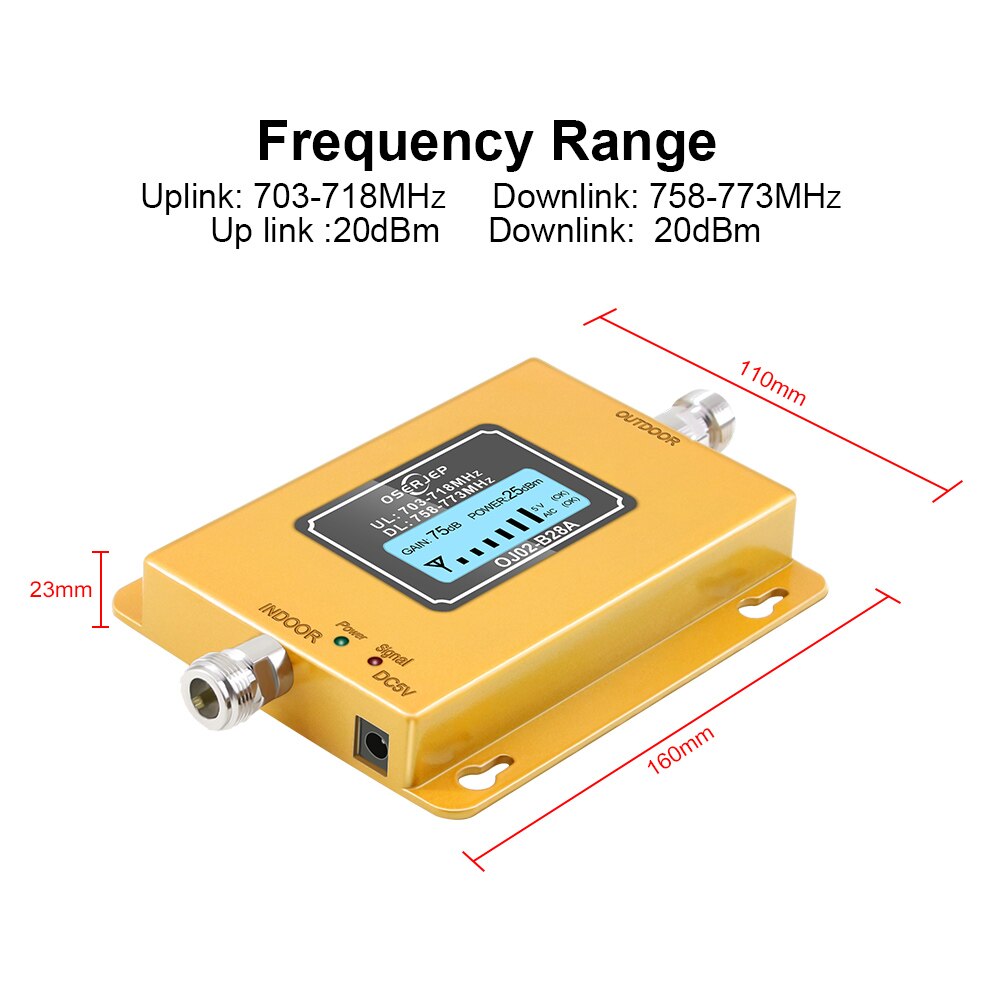 Repetidor de teléfono móvil, 70dB, LCD, LTE, 700MHz, B28A, 4G, no incluye antena
