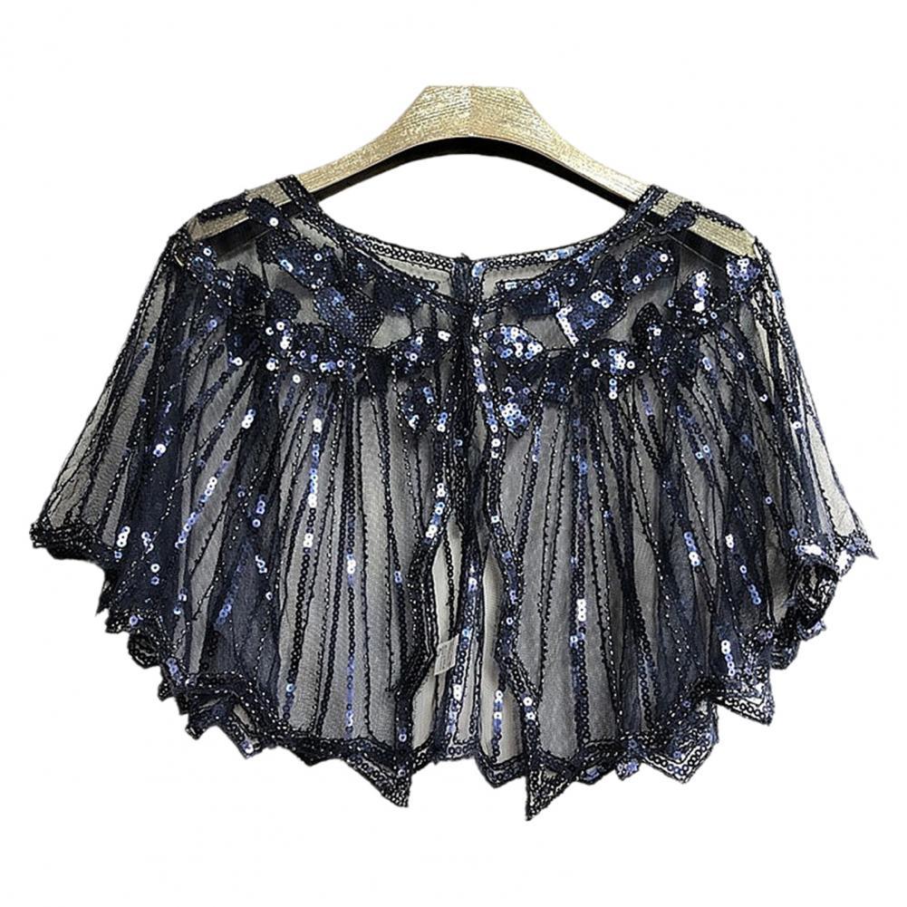Scalloped High Beaded Sequin Short Top Women Cape See-through Women Shawl Decorative Women Accessories: Black  Blue
