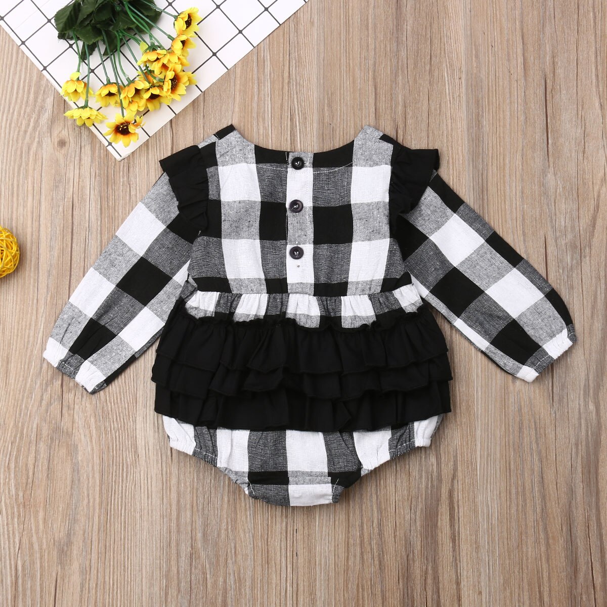 Xmas Toddler Baby Girl Boys Plaid Bodysuits Clothes Long Sleeve Ruffles Christmas Jumpsuit Outfit 0-18M