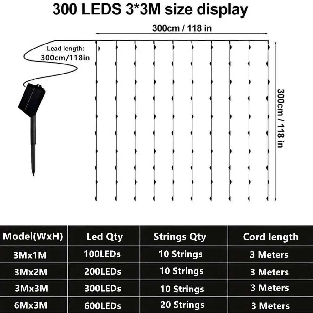 3x3M 300Leds Solar Curtain String Lights Outdoor Waterproof Garden Decoration Fairy Garland 8 Lighting Modes Wedding Lighting