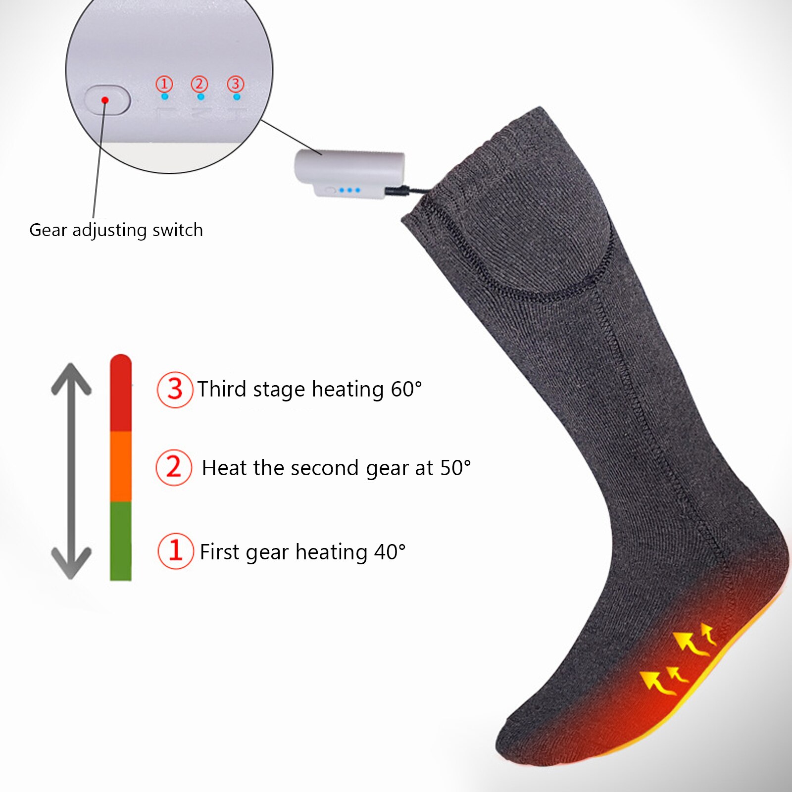 Chaussettes électriques pieds chauds chaussettes chaudes hiver chaussettes chauffantes USB chaussettes chaudes chaussettes chauffantes électriques équipement de Camping taille unique