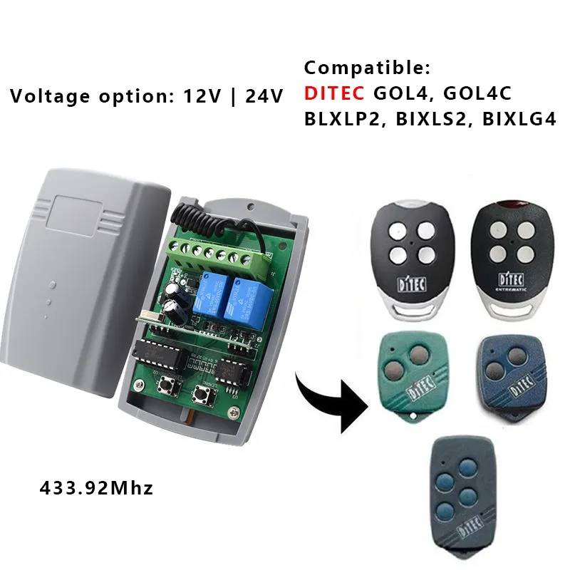 DC12V/24V 433MHz remote control receiver with rolling code HCS301 open code remote control garage gate