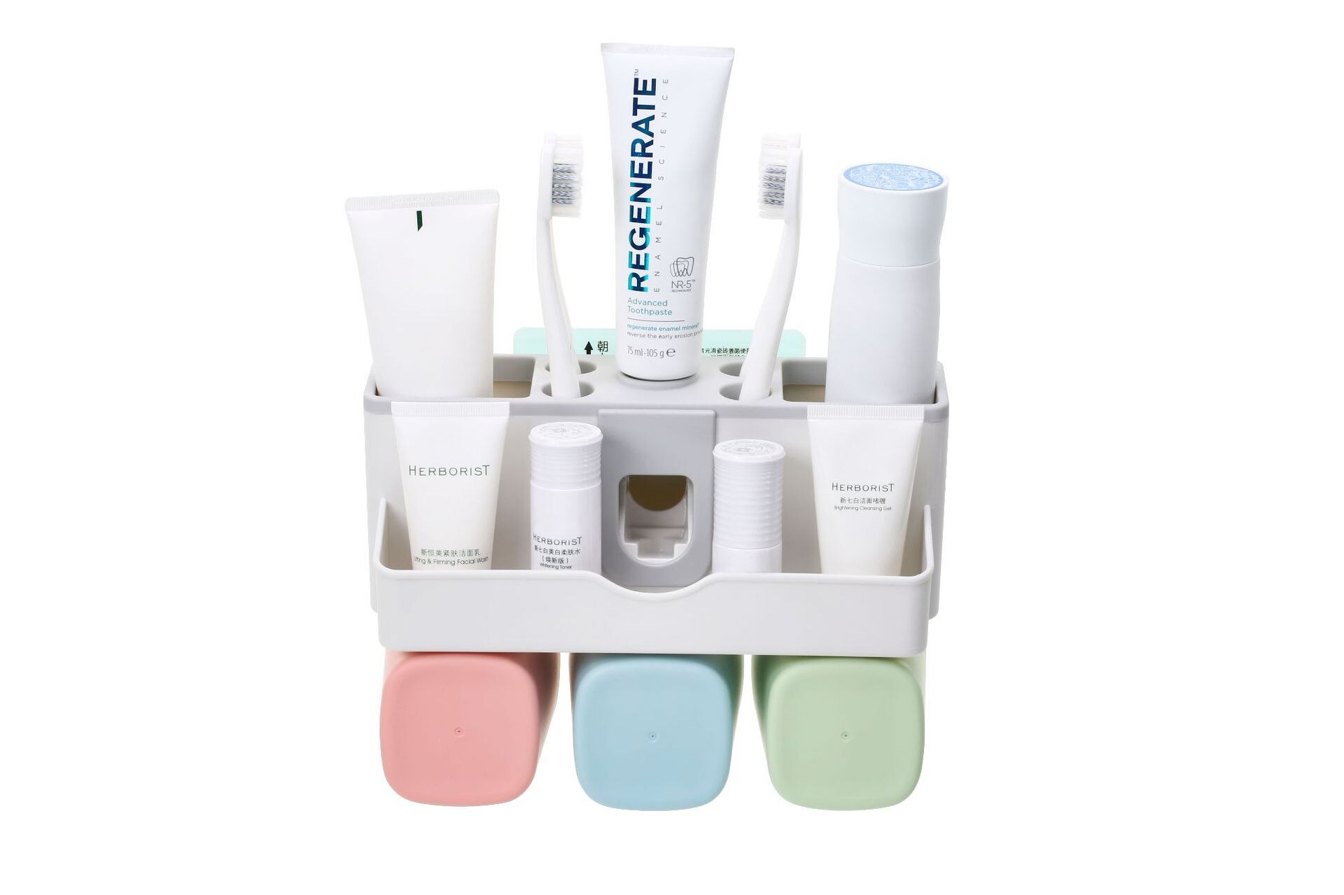Toothbrush Holder Non Perforated Toothpaste Cup Stand Multi-functional Bathroom Suction Rack Cosmetic Storage Organizer: Family for three
